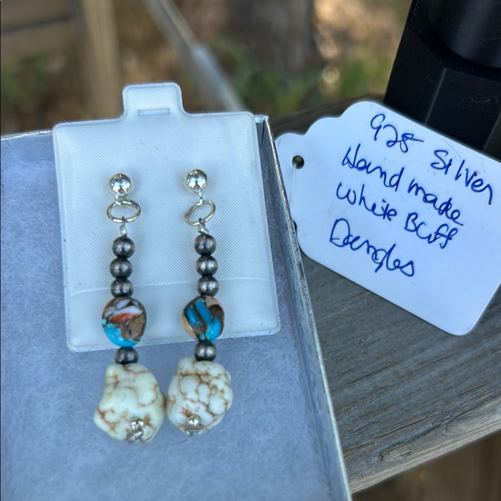 White Buffalo and Spiny Oyster Handmade 925 Silver and White Dangle Earrings